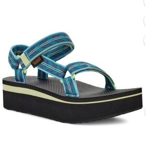 Teva Flatform Textured Ankle Strap Platform Sandal Blue Yellow Women 8 UK 6 EU39